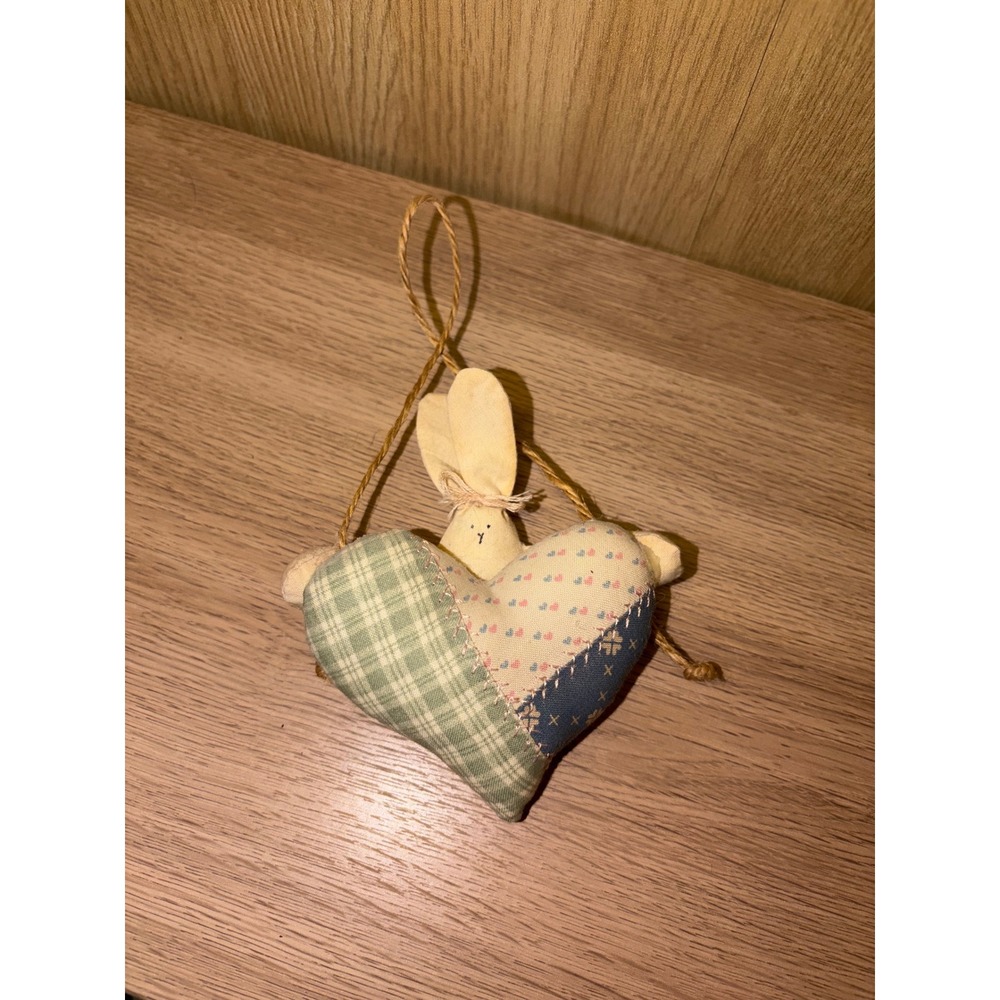 Vintage Primitive Patchwork Heart Bunny Plush Ornament Farmhouse Decor